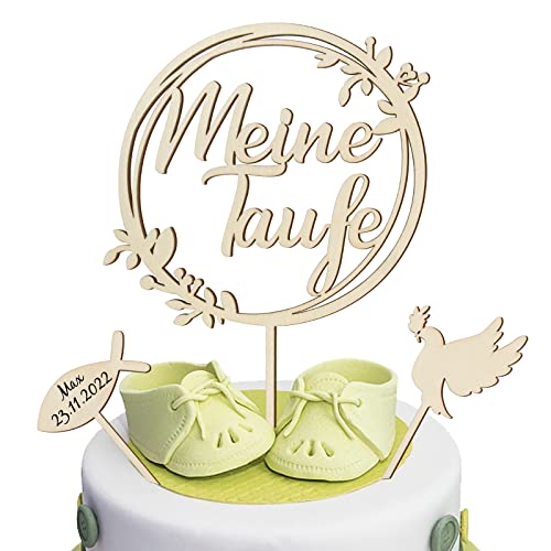 COLOFALLA 3 Stück Cake Topper Taufe Holz meine Taufe Torten Topper Taube Fisch Kuchen Deko Tortendeko Party Dekoration für Junge Mädchen (A) von COLOFALLA