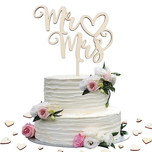 Holz Tortendeko Hochzeit mit 50 Pcs Herzen Streudeko Cake Topper Mr Mrs Torten Topper Tischdeko Tortendeckel Tortenstecker für Hochzeit Jubiläum Verlobung Antrag von COLOFALLA