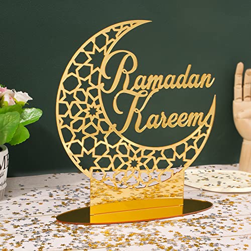 Ramadan Kareem Deko Tischdeko Eid Mubarak Gold Schild zum Hinstellen Ramadan Aufsteller mit 500Pcs Streudeko Konfetti Sterne Mond Dekoraion für Islamische Party Bankett Muslim (Gold) von COLOFALLA