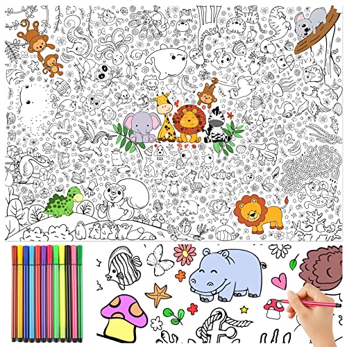 Ausmaltischdecke für Kinder mit 12 pcs Aquarellstifte Tischdecke zum Ausmalen Papiertischdecke Tischdecke aus Papier zum Bemalen Tiere Zoo Dschungel Kindergeburtstag Einschulung Geschenk von COLOFALLA