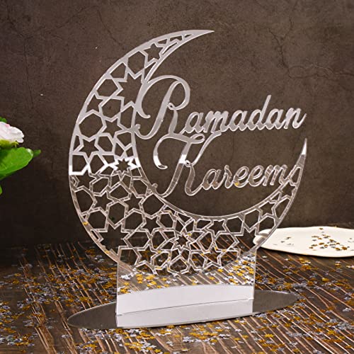 Tischdeko Eid Mubarak Silber Schild zum Hinstellen Mond Ramadan Kareem Aufsteller mit 500Pcs Streudeko Konfetti Sterne Mond Verzierung für Islamische Party Bankett Muslim (Silber) von COLOFALLA