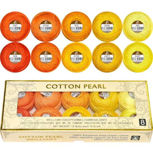 Doppelt merzerisiertes ägyptisches langstapeliges Baumwollperlengarn, 10 g, Regenbogenfarben, Stickgarn, 10 Farben pro Box, für Häkeln, Hardanger, Kreuzstich, Handstickerei, Orange-Serie von COLORED BIRD