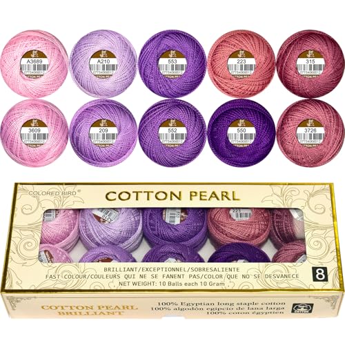 Doppelt merzerisiertes ägyptisches langstapeliges Baumwollperlengarn, 10 g, Regenbogenfarben, Stickgarn, 10 Farben pro Box, für Häkeln, Hardanger, Kreuzstich, Handstickerei, Violett-Serie von COLORED BIRD