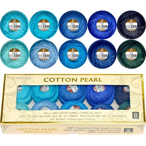 Doppelt merzerisiertes ägyptisches langstapeliges Baumwollperlengarn, 10 g, Regenbogenfarben, Stickgarn, 10 Farben pro Box, für Häkeln, Hardanger, Kreuzstich, Handstickerei, blaue Serie von COLORED BIRD