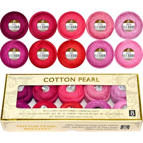 Doppelt merzerisiertes ägyptisches langstapeliges Baumwollperlengarn, 10 g, Regenbogenfarben, Stickgarn, 10 Farben pro Box, für Häkeln, Hardanger, Kreuzstich, Handstickerei, rote Serie von COLORED BIRD