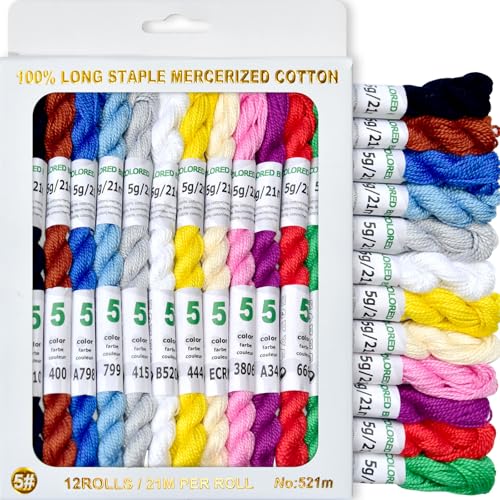 Mercerisiertes Perlgarn aus Baumwolle, Häkelnadelspitze, Größe 5, 12 Knäuel, 12 verschiedene Farben, 21 m pro Knäuel von COLORED BIRD