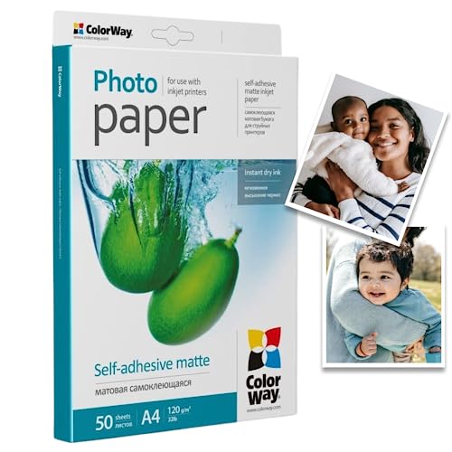 COLORWAY Fotopapier Selbstklebend 50 Blatt DIN A4 Etiketten Sofort Trocken Wasserfest für alle Tintenstrahldrucker InkJet Fotoqualität Druck (matt 120g/m²) von COLORWAY