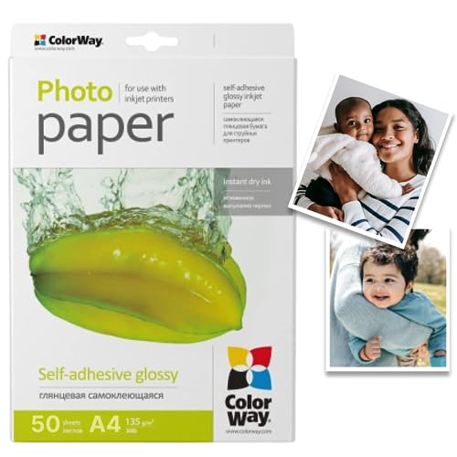 COLORWAY hoch glänzend Fotopapier Selbstklebend 50 135g/m² DIN A4 Etiketten Sofort Trocken Wasserfest für alle Tintenstrahldrucker InkJet Fotoqualität Druck von COLORWAY