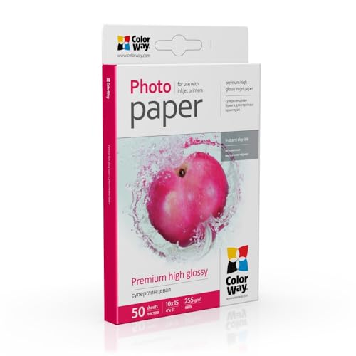 ColorWay Premium Fotopapier 10×15 cm, 255 g/m², 50 Blatt – Hochglänzend, Mikroporöse Oberfläche, wasserfest, für Inkjet-Drucker, bis 5760 dpi, professionelle Fotoqualität ColorWay Premium Fotopapier 10×15 cm, 255 g/m², 50 Blatt – Hochglänzend, Mikroporöse Oberfläche, wasserfest, für Inkjet-Drucker, bis 5760 dpi, professionelle Fotoqualität von COLORWAY