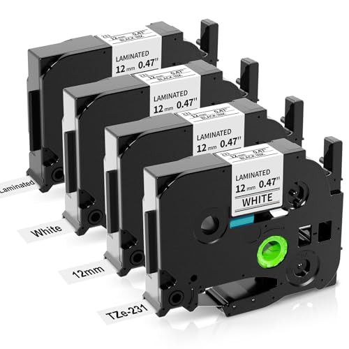 COLORWING TZe-231 Kompatibel für Brother P touch Bänder 12mm TZe Tz Tape Laminiert Schriftband für Ptouch H100LB H105 1010 H107 1000 1005 1280 Beschriftungsgerät, schwarz auf weiß 4x von COLORWING