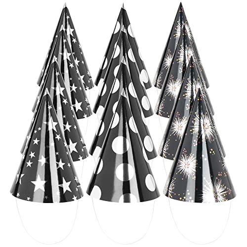 com-four® 12x Partyhut - Schwarze Kegelhüte in Metallicfarben - glänzende Silvesterhütchen - Kopfbedeckung für Mottopartys, Silvesterpartys oder Geburtstage (Partyhütchen 12x) von com-four