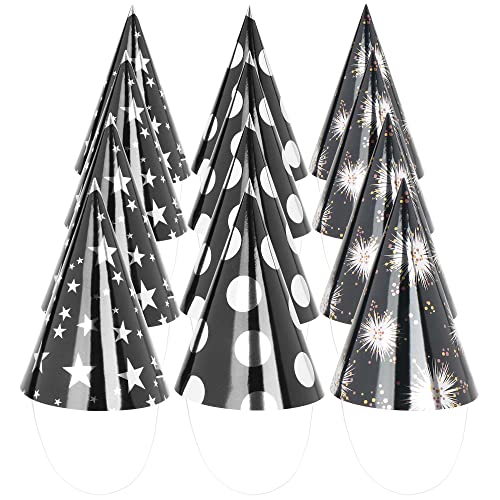 com-four® 12x Partyhut - schwarze Kegelhüte in Metallicfarben - glänzende Silvesterhütchen - Kopfbedeckung für Mottopartys, Silvesterpartys oder Geburtstage (Partyhütchen 12x) von com-four
