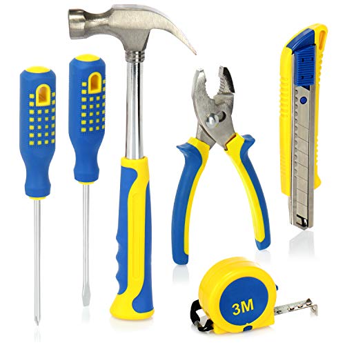 com-four® 6-teiliges Werkzeug-Set mit Maßband, Cuttermesser, Schraubendreher, Hammer und Zange - Ideal für unterwegs und zum Basteln (6-teilig - Werkzeugset) von com-four