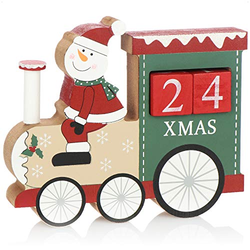 com-four® Adventskalender aus Holz - Würfelkalender in Zug-Form - dekorativer Tischkalender als Countdown bis Weihnachten - Holzblockkalender (Zug - Schneemann) von com-four