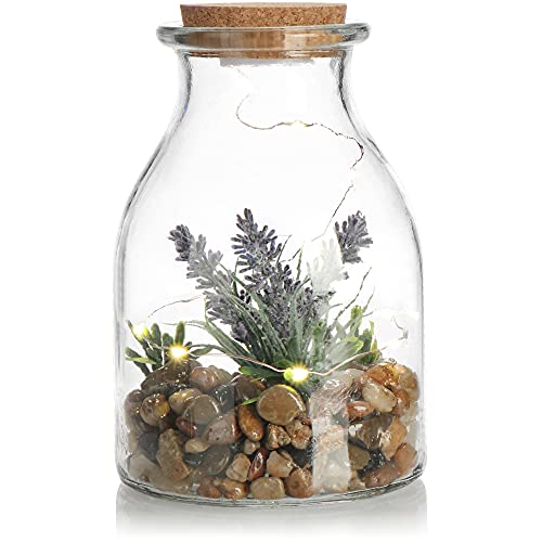 com-four® Kunstpflanze im Glas mit LED-Beleuchtung, stilvolles Stimmungslicht, Ambientelampe mit Kunstblumen, Steinen und 10 LED-Lampen (1 Stück - Lavendel) von com-four