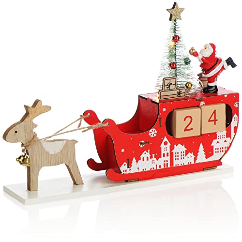 COM-FOUR® LED Adventskalender aus Holz - Würfelkalender in Schlitten-Form - dekorativer Tischkalender als Countdown bis Weihnachten - beleuchteter Holzblockkalender (LED - Schlitten - rot) von com-four