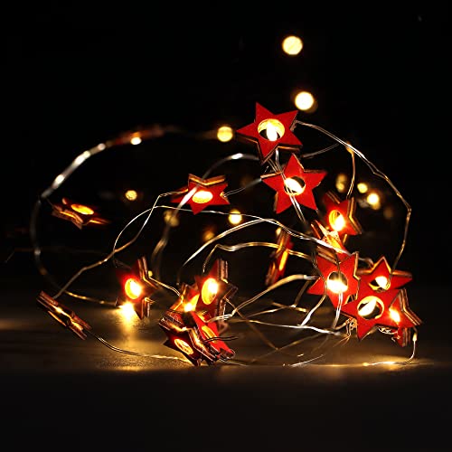 com-four® LED Lichterkette mit Timer - energiesparende Weihnachtsbeleuchtung - Lichterkette mit 20 LED-Sterne aus Holz - Weihnachtdekoration für Innen (01 Stück - 20 LEDs Sterne) von com-four