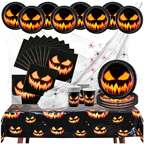 com-four® 38-teiliges Halloween Tischset - Dekoset mit Spinnennetz, Spinnen, Bechern, Teller, Servietten und Tischtuch für Halloween und Fasching [Auswahl variiert] (38-teiliges Tischset Kürbis) von com-four