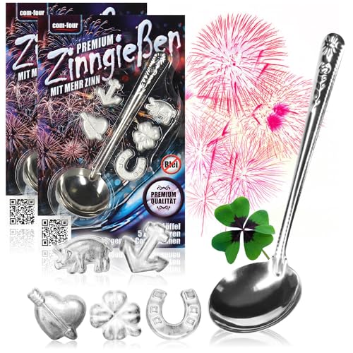 com-four® Premium Zinngießen mit 10 extra schweren Figuren und 2 Löffeln, Silvestergießen das Wahrsagerei-Partyspiel die gesunde Alternative zum Bleigießen - big pack (BEST - 5g - 12-teilig) von com-four