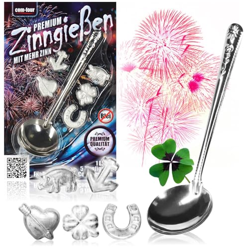 com-four® Premium Zinngießen mit 5 extra schweren Figuren und 1 Löffel, Silvestergießen das Wahrsagerei-Partyspiel die gesunde Alternative zum Bleigießen (Best - 5g - 06-teilig) von com-four