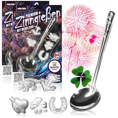 com-four® Zinngießen mit 10 schweren Figuren und 2 Löffel, Silvestergießen das Wahrsagerei-Partyspiel die gesunde Alternative zum Bleigießen - Big Pack (Komfort - 3g - 12-teilig) von com-four