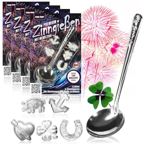 com-four® Zinngießen mit 20 schweren Figuren und 4 Löffel, Silvestergießen das Wahrsagerei-Partyspiel die gesunde Alternative zum Bleigießen - Family Pack (Komfort - 3g - 24-teilig) von com-four