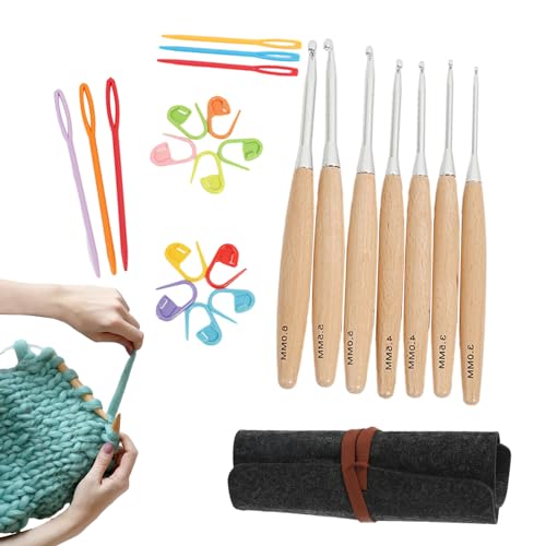 COMFOLIVING Häkelnadel-Set für Anfänger, Häkelnadeln mit ergonomischem Griff aus Buchenholz, mit Tasche, Stricknadeln zum Häkeln und Stricken, Strickset für Erwachsene von COMFOLIVING