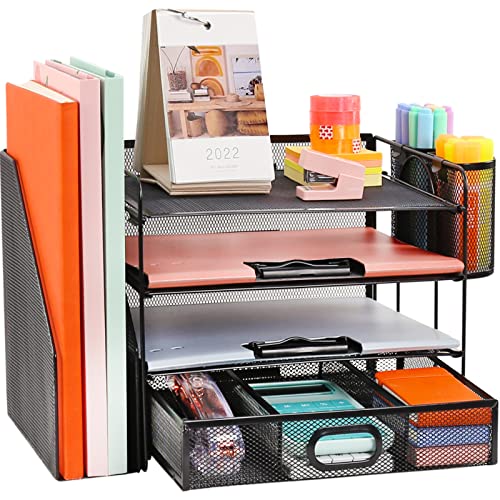 Schreibtisch Organizer mit Aktenhalter, 4 Ebenen Papier Briefablage mit Schublade und 2 Stifthalter, Netz Schreibtisch Ablagefächer Organiser mit Zeitschriftenhalter für Bürobedarf Dokumentenablage Schreibtisch Organizer mit Aktenhalter, 4 Ebenen Papier Briefablage mit Schublade und 2 Stifthalter, Netz Schreibtisch Ablagefächer Organiser mit Zeitschriftenhalter für Bürobedarf Dokumentenablage von COMFYROOM