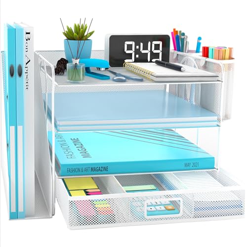 Schreibtisch Organizer mit Aktenhalter, 4 Ebenen Papier Briefablage mit Schublade und 2 Stifthalter, Netz Schreibtisch Ablagefächer Organiser mit Zeitschriftenhalter für Bürobedarf Dokumentenablage Schreibtisch Organizer mit Aktenhalter, 4 Ebenen Papier Briefablage mit Schublade und 2 Stifthalter, Netz Schreibtisch Ablagefächer Organiser mit Zeitschriftenhalter für Bürobedarf Dokumentenablage von COMFYROOM