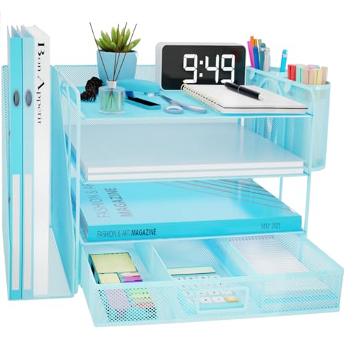 Schreibtisch Organizer mit Aktenhalter, 4 Ebenen Papier Briefablage mit Schublade und 2 Stifthalter, Netz Schreibtisch Ablagefächer Organiser mit Zeitschriftenhalter für Bürobedarf Dokumentenablage Schreibtisch Organizer mit Aktenhalter, 4 Ebenen Papier Briefablage mit Schublade und 2 Stifthalter, Netz Schreibtisch Ablagefächer Organiser mit Zeitschriftenhalter für Bürobedarf Dokumentenablage von COMFYROOM
