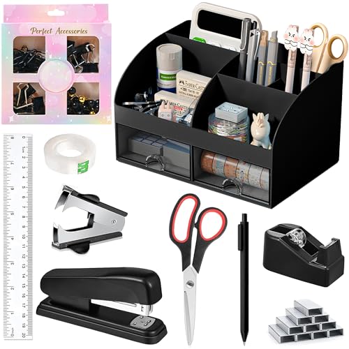 Schreibtischzubehör mit Stifthalter, Bürobedarf, Schreibtisch-Organizer und Zubehör, Klebebandspender, Hefter, Heftklammern, Klammern, Clip-Set, Lineal, Schere, Stift, Klebeband (schwarz) von COMFYROOM
