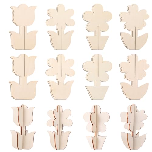 COMNICO 12 Stück DIY 3D Blume Frühling Holz Handwerk Frühling Handwerk Set Dicke 3D Holzblumen bemalbare unlackierte Holzscheiben für Handwerk Malerei Dekorationen Muttertag Geschenke von COMNICO