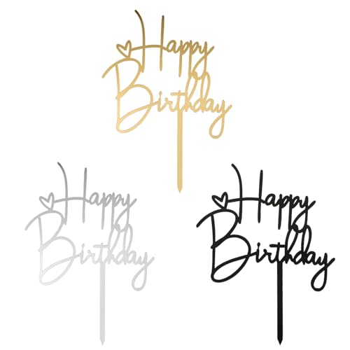 COMNICO 3 Stück Kuchenaufsatz, Acryl-Herz „Happy Birthday“, Party-Cupcake-DIY-Kucheneinsatz Dekorationszubehör (Schwarz, Gold, Silber) von COMNICO