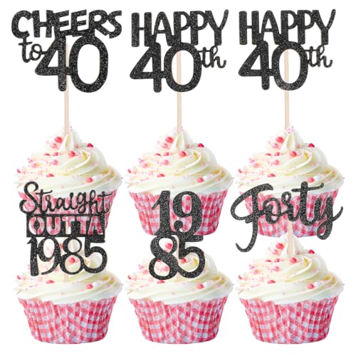 COMNICO 36 Stück schwarze Cupcake Topper zum 40 Geburtstag glitzernd Forty Happy Vintage 1985 Kuchendekor Cheers to 40 Years Hochzeitstag Party Kuchendekor von COMNICO