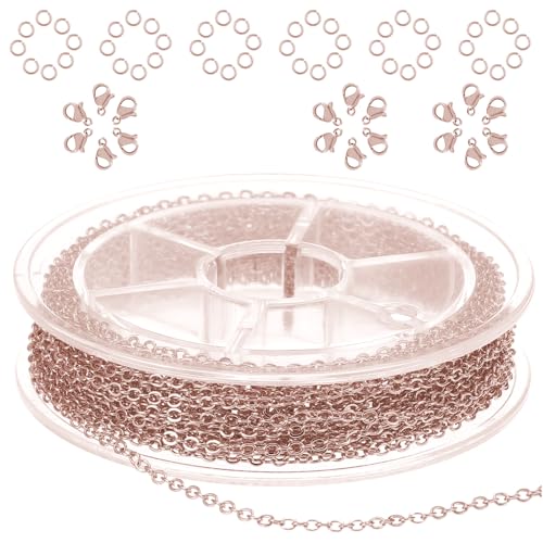 COMNICO Edelstahl-Schmuckkette, 1,5 mm, Bastelzubehör, Zubehör für die Herstellung von Halsketten, Ohrringen, Armbändern, Metallkabelrolle, 20 Karabinerverschlüsse, 50 Biegeringe (Roségold) von COMNICO