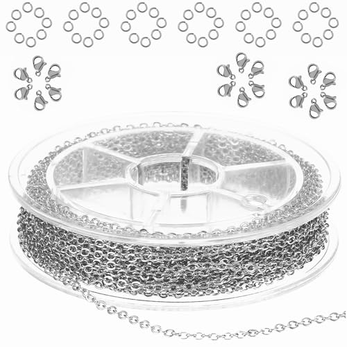 COMNICO Edelstahl-Schmuckkette, 1,5 mm, Bastelzubehör, Zubehör für die Herstellung von Halsketten, Ohrringen, Armbändern, Metallkabelrolle, 20 Karabinerverschlüsse, 50 Biegeringe (grau) von COMNICO
