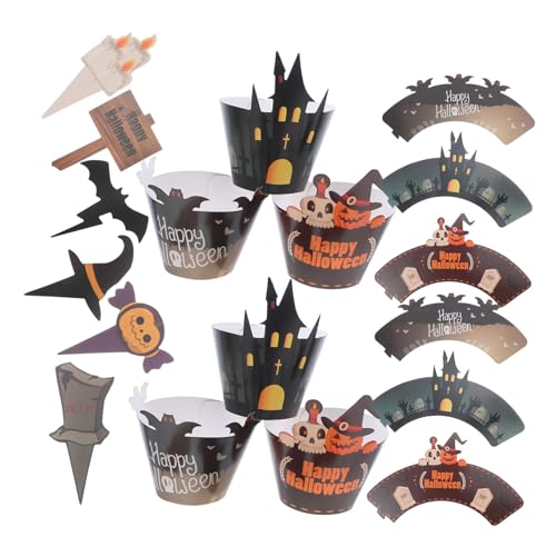CONGARTENO 2 Sätze Halloween Cupcake Toppers und Muffin Liners Teiliges mit Kürbis Geist Fledermaus Spinne und Papier Backförmchen und Topper für Partydeko und Festtagsfeiern von CONGARTENO