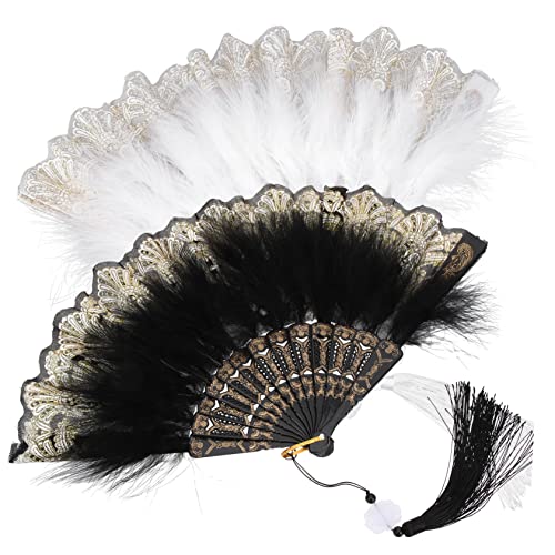 CONGARTENO 2 Stück Faltbare Handfächer aus Plume Hochzeits und Party Dekoration für Tänze und Fotoshootings Handfächer für Damen Schwarz und Weiß von CONGARTENO