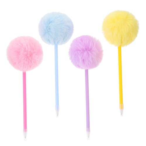 CONGARTENO 4 Stück Teiliges Flauschiger Pompon Kugelschreiber Ergonomisches Design Kreative Schreibstifte für Schule Büro Zuhause Bunte Farben Blau Gelb Violett als Geschenk für Mädchen und von CONGARTENO