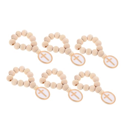 CONGARTENO 6 Stück Teiliges Holzperlen Rosenkranz mit Kleinem Kreuz Anhänger Handgefertigt Glatte Gebetsperlen für Taufe Erstkommunion Konfirmation Weißem Organza Säckchen von CONGARTENO