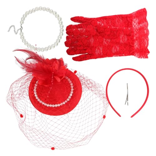 CONGARTENO Elegante Kopfbedeckung mit Kreativem Netzschleier und Halskette Vintage Britischer Stil Haarschmuck für Damen Roter Fascinator für Party Hochzeit und Festliche Anlässe CONGARTENO Elegante Kopfbedeckung mit Kreativem Netzschleier und Halskette Vintage Britischer Stil Haarschmuck für Damen Roter Fascinator für Party Hochzeit und Festliche Anlässe von CONGARTENO