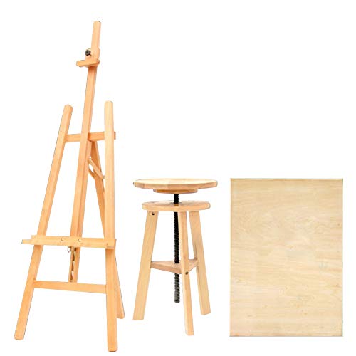 CONGRUI Buchenholz-Werbeständer, Whiteboard-Staffelei zum Bemalen von Bilderrahmen, Holzfarbe, Staffelei und Hocker) von CONGRUI
