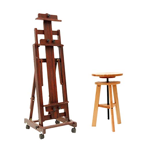CONGRUI Große Staffelei aus Massivholz mit Rad, flach, doppelte Verwendung, Ölstaffelei, Standdisplay bei Hochzeiten (braun, Staffelei + drehbarer Hocker) von CONGRUI