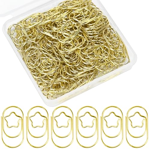 CONJURAIDE 130 Stück Büroklammern Stern, Sternförminge Büroklammer Gold Büroklammern Oval Motiv Klein mit Transparentbox Paperclips für Büromaterial Aktenklammer Klassenzimmer von CONJURAIDE