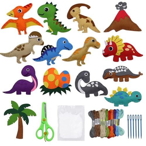 CONNECTION DIY Nähset Kinder Nähspass für Kinder Nähset Tierformen Filz Bastelset Nähen Kind Filztiere Nähen Set mit Schere Bunt Plastiknadeln Stickgarn Füllwatte für Kind (Dinosaurier Tier B) von CONNECTION