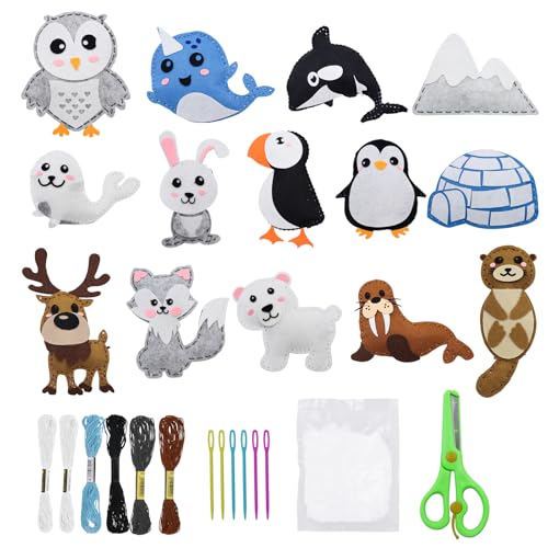 CONNECTION DIY Nähset Kinder Nähspass für Kinder Nähset Tierformen Filz Bastelset Nähen Kind Filztiere Nähen Set mit Schere Bunt Plastiknadeln Stickgarn Füllwatte für Kind (Polartiere D) von CONNECTION