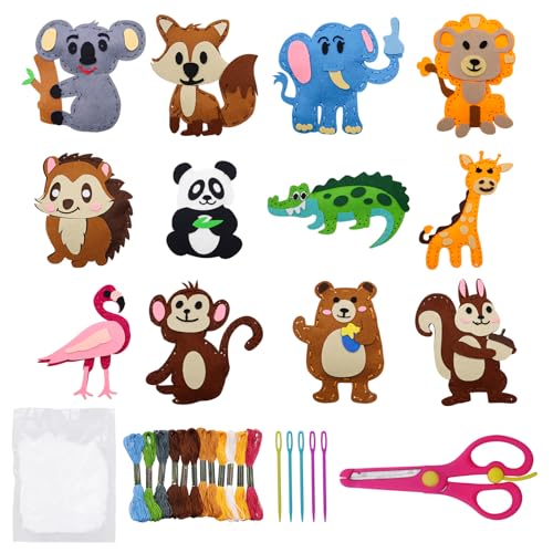 CONNECTION DIY Nähset Kinder Nähspass für Kinder Nähset Tierformen Filz Bastelset Nähen Kind Filztiere Nähen Set mit Schere Bunt Plastiknadeln Stickgarn Füllwatte für Kind (Waldtiere C) von CONNECTION