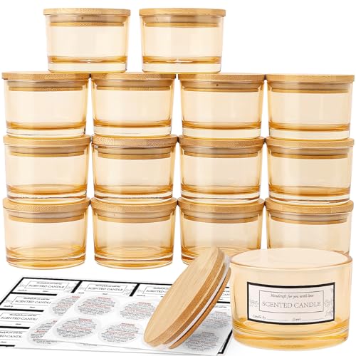 CONNOO 15 Stück 120 ml Amberfarbene Kerzengläser mit luftdichten Bambusdeckeln zum Kerzenmachen, weithalsige, leere Kerzengläser im Großpack mit haftenden Warnetiketten - spülmaschinenfest, Champagner von CONNOO