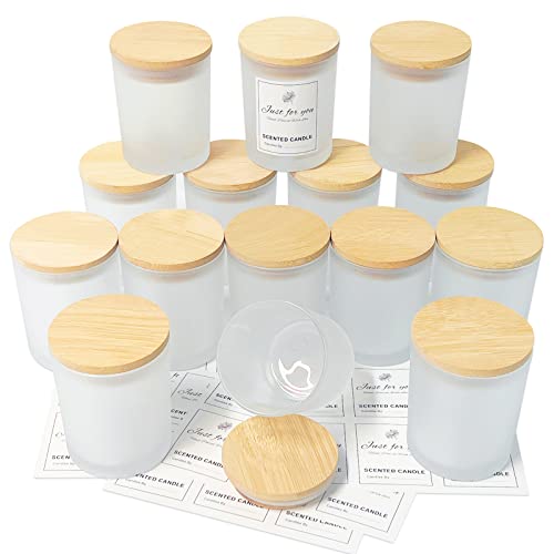 CONNOO 15 Stück 200 ml Milch Glas-Kerzengläser für die Herstellung von Kerzen mit luftdichten Bambusdeckeln, schöne klebrige Warnetiketten für die Kerzenherstellung von CONNOO
