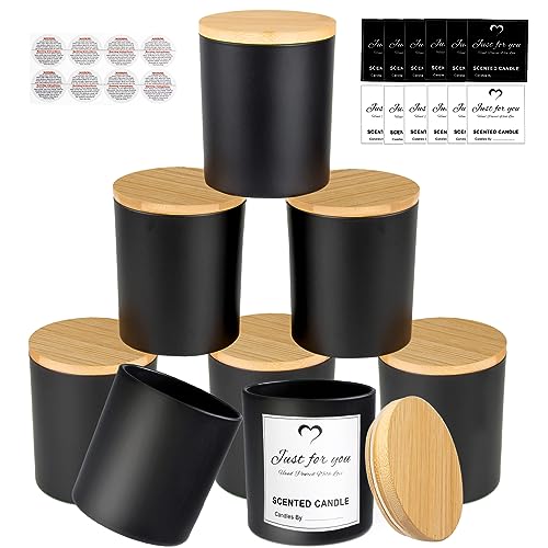 CONNOO 8 Stück 400 ml leere schwarze Glaskerzengläser für die Herstellung von Kerzen mit Bambusdeckeln und klebrigen Etiketten, Bulk-Kerzengläser für die Herstellung von Kerzen – Gewürze, von CONNOO
